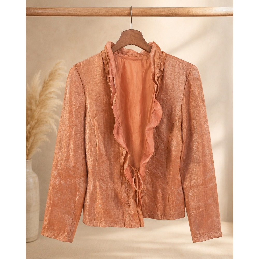 Rafael Metallic Copper Orange Ruffle Trim Blazer Jacket Tie Front Size 10